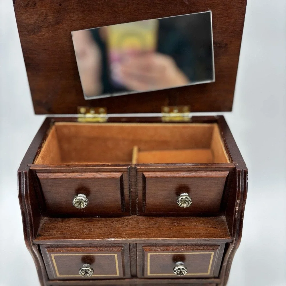 Vintage Brown Wooden Jewelry Box‎ With Drawers And Mirror
